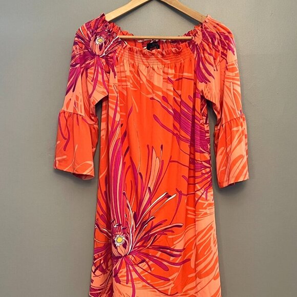NWT Trina Turk Women’s Off Shoulder Floral Bell Sleeve Dress Orange Purple M - Picture 2 of 9